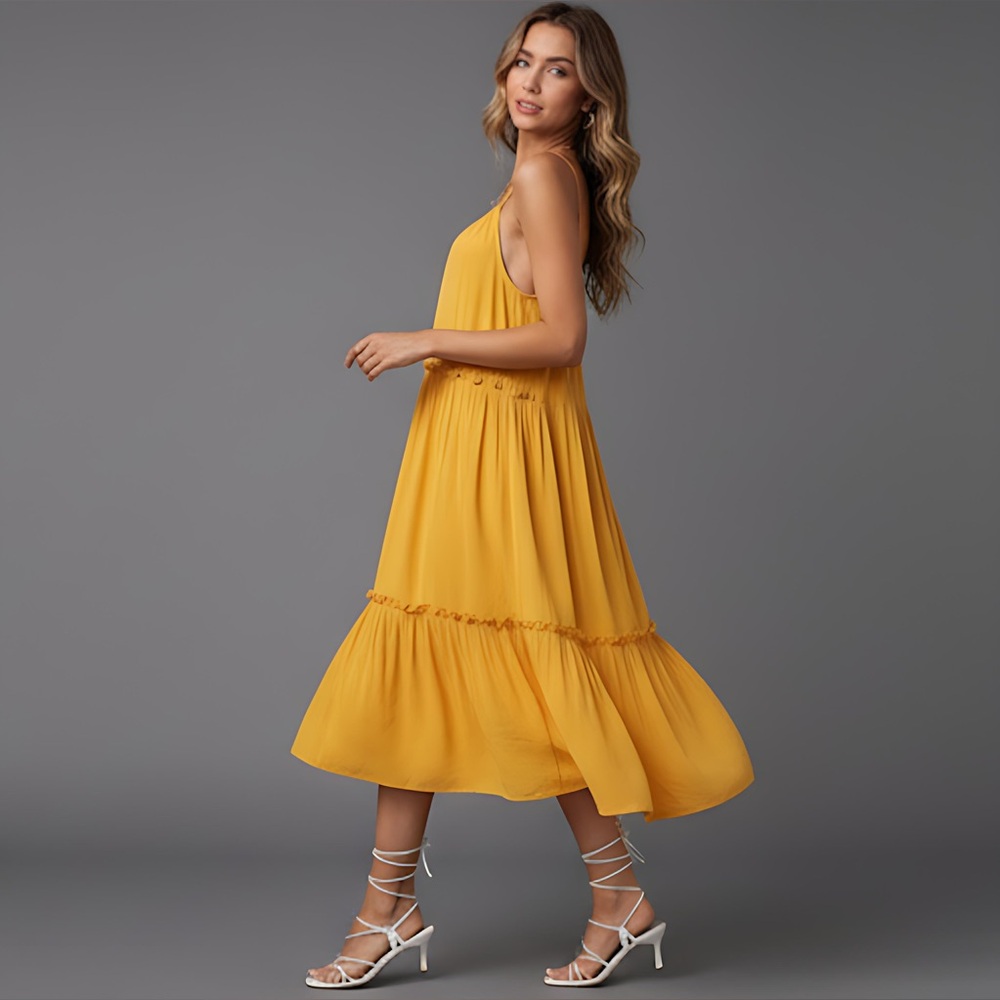 Mustard Yellow Ruffle Hem Cami Dress - Picture 2 of 9
